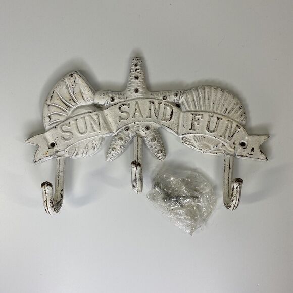 Beachy Cast Iron Key Hook Sun Sand Fun Beach Shell Starfish Chippy Nautical - Picture 2 of 10